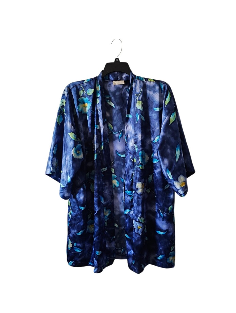 VTG 90s California Dynasty Satin Robe Large Blue Tropical Floral Kimono Wrap